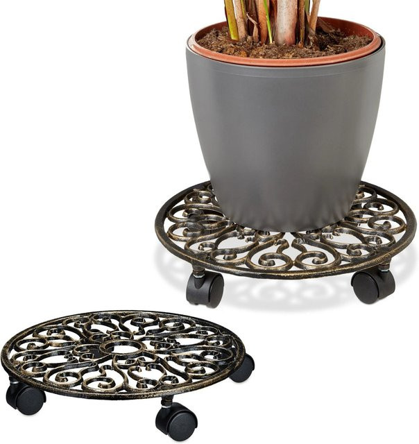 Relaxdays Pflanzenroller 2er Set aus Gusseisen in Bronze für Innen- und Außenbereich, Durchmesser: 7,5 cm, Höhe: 34 cm - Bild 1