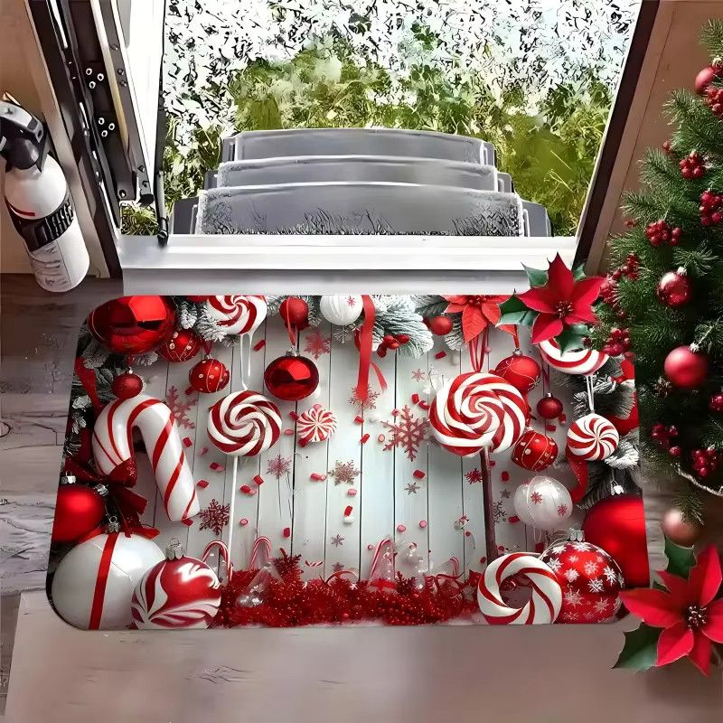 VIKAMA Weihnachtliche Fußmatte mit Motiv aus rot-weißen Süßigkeiten und Lebkuchen in Multicolor für Haustür, Küche oder Wohnzimmer - Bild 3