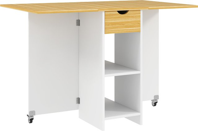HOMCOM Klappbarer Esstisch in Eiche, moderner platzsparender Küchentisch für 2-4 Personen mit Schublade, 2 Regalen und Rollen, B/T/H: 114,5 x 70 x 75 cm - Bild 1