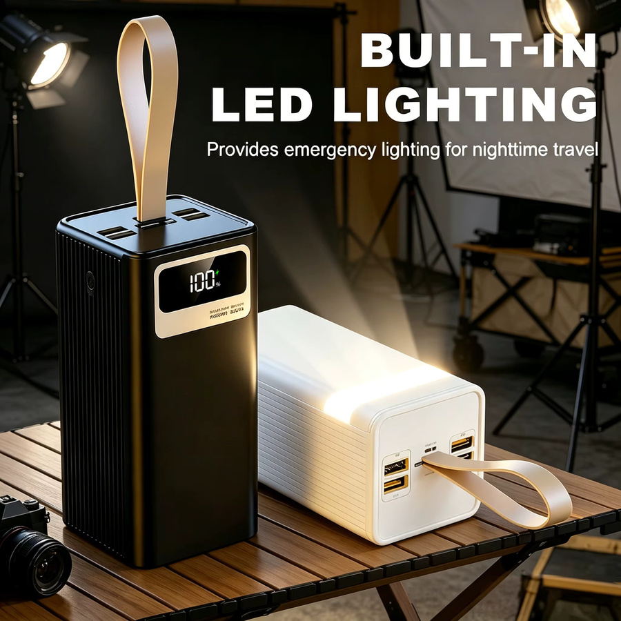 InTessry Powerbank 100000mAh mit 22,5W Schnellladefunktion, weiß, mit Digital-Display, LED-Licht und Lederband - Bild 6