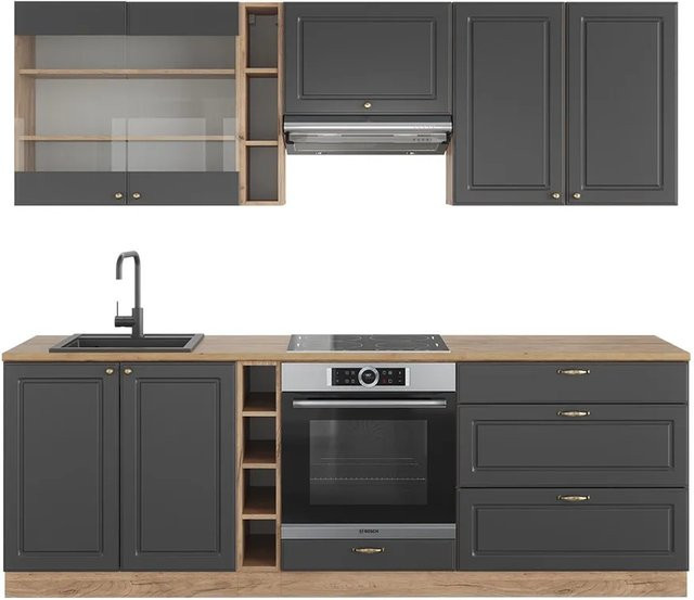 Vicco Fame-Line Küchenzeile Landhausstil in Anthrazit und Eiche, Breite: 235 cm - Bild 1