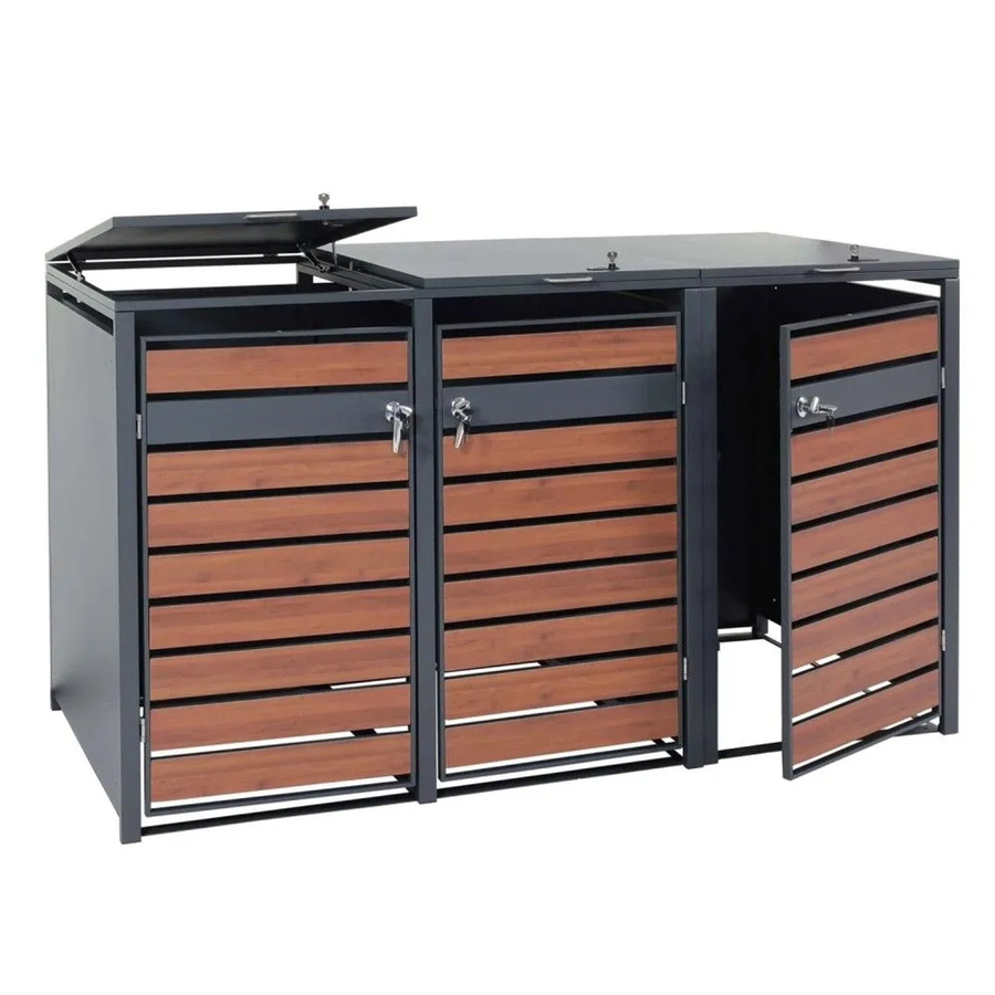 MCW 3er Mülltonnenverkleidung J81 Mülltonnenbox aus Metall in Anthrazit mit Kirsche-Holzoptik Dunkelbraun, B/T/H: 200 x 117 x 80 cm - Bild 2