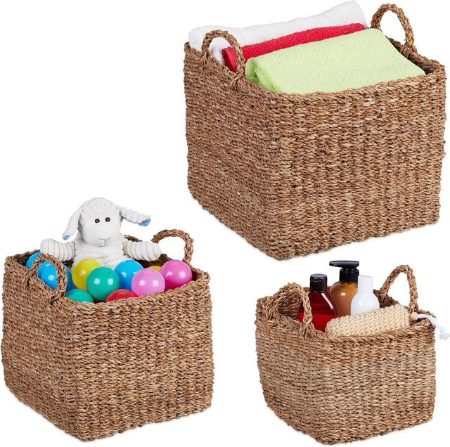 Relaxdays Aufbewahrungskorb aus geflochtenem Seegras in Natur/Braun, 3-teiliges Set, B/T/H: 20 x 25 x 25 cm - Bild 1