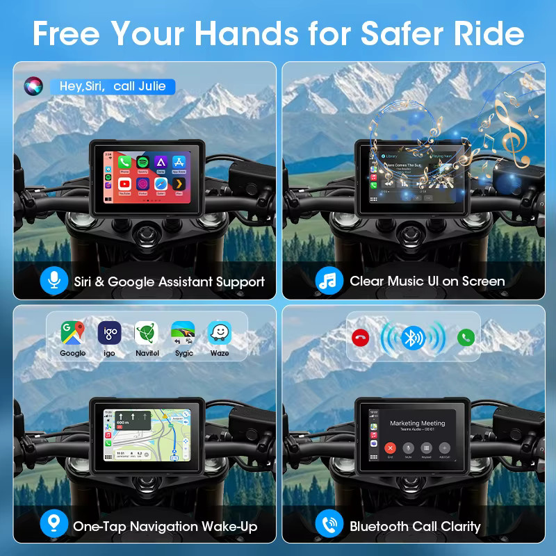 Develuck Tragbares 5-Zoll-Motorrad-GPS-Navigationsgerät mit Bluetooth, Wireless CarPlay und Android Auto, IPX7 Wasserdichtes Display, Schwarz - Bild 6