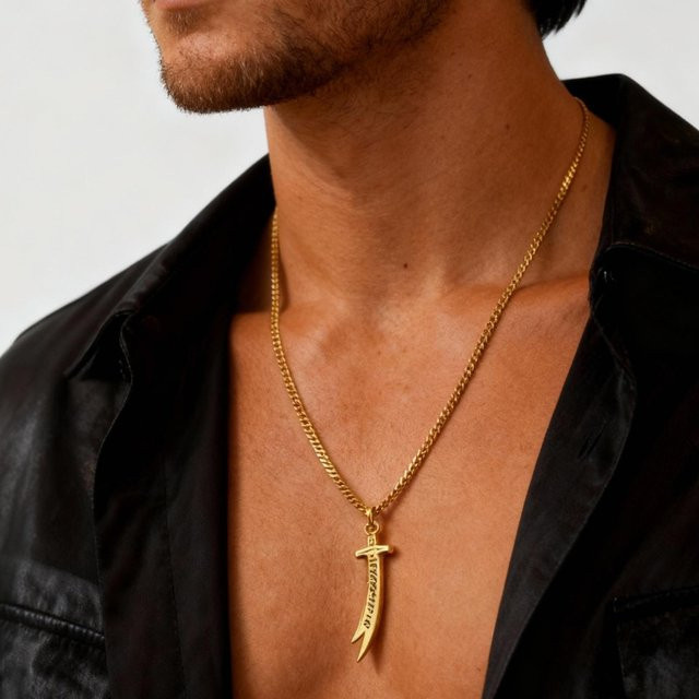 Goxygen Halskette Zulfiqar Schwert Anhänger, Edelstahl, Gold, 60cm, Unisex - Bild 1