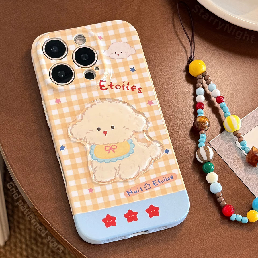 MUQGEW Stoßfeste Handyhülle mit 3D-Cartoon-Welpen und Gittermuster für iPhone 11 bis 16 Pro Max inklusive Lanyard, Mehrfarbig - Bild 2