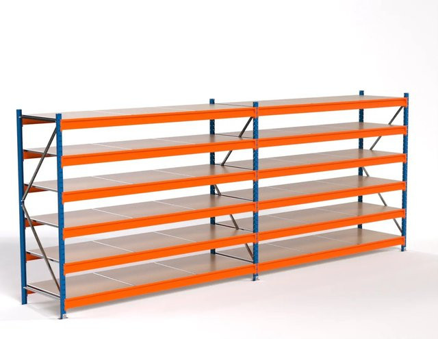 PROREGAL Industrie Weitspannregal MAXIMUS PRO Lagerregal mit 2 Feldern und 6 Spanplatten-Fachböden, Blau/Orange, H x B x T: 200 x 500 x 80 cm - Bild 1