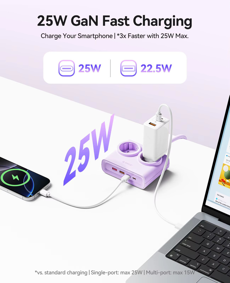 ORICO PD25W Desktop-Steckdosenleiste mit 2 Typ-C-Anschlüssen, 2 USB-A-Anschlüssen und 2 AC-Steckdosen in Schwarz oder Lila - Bild 4