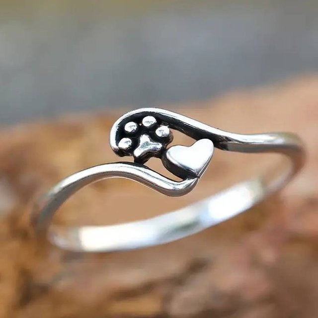 Huitan Ring, Haustier-Fußabdruck und Herz, Silber, Damen - Bild 1
