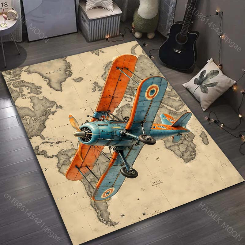 UQIDEHOME Retro Teppich mit Flugzeug- und Kartenmuster, Mehrfarbig, B/T: 60 x 40 cm - Bild 2