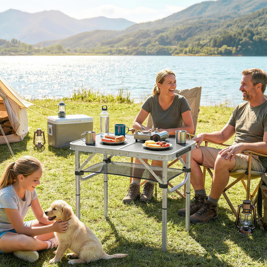 Outsunny Campingtisch Klapptisch mit Netzfach und 4 Höhenverstellungen aus Aluminium in Schwarz B: 60 cm, T: 40 cm - Bild 2
