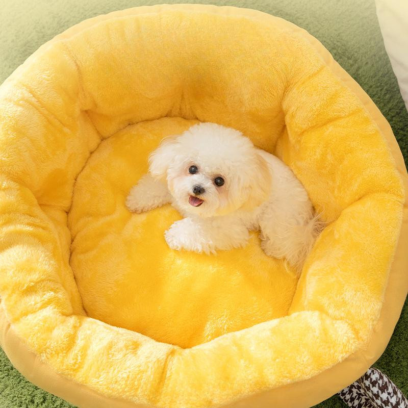Warmes Hundebett und Katzennest aus Stoff in Gelb oder Grau, runder Schlafplatz für kleine Haustiere, Größe S - Bild 2