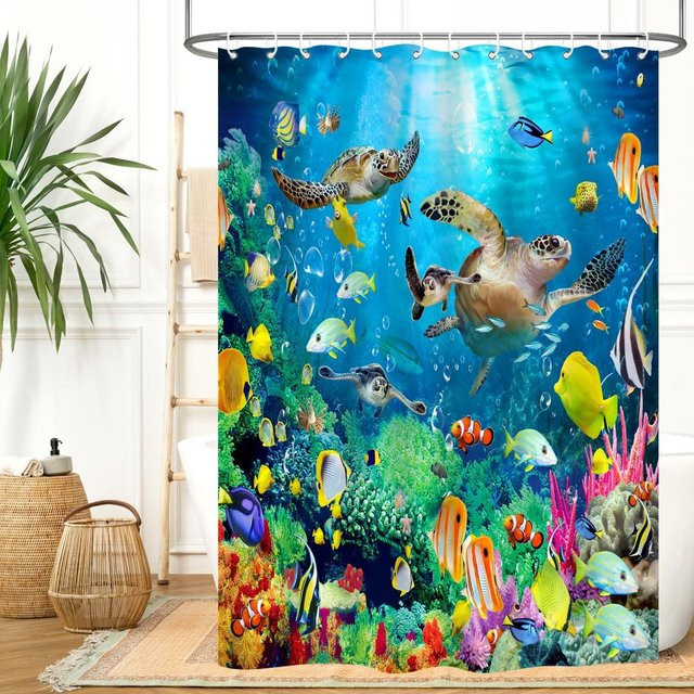Dai Jiaochuan Duschvorhang Ozean Unterwasserwelt mit Tropenfischen und Schildkröten, Blau/Mehrfarbig, B: 90 cm, H: 165 cm - Bild 1