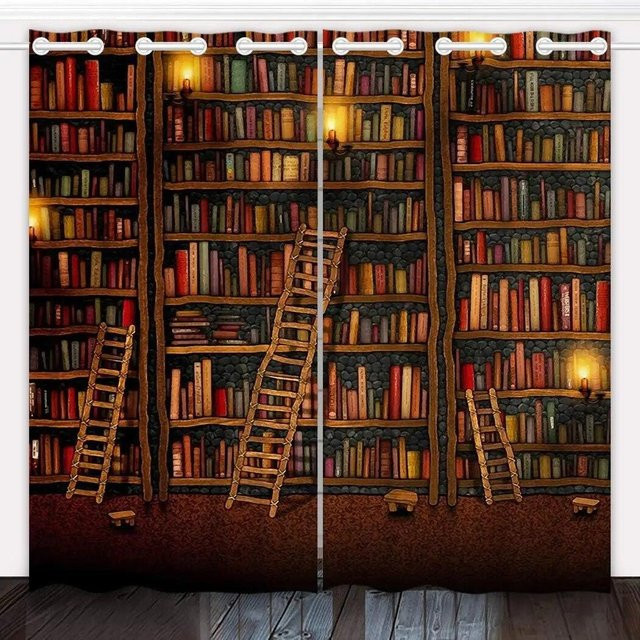 A Family Of Home Textiles Vorhänge mit Vintage Bücherregal-Design, 3D Digitaldruck, halbtransparent, Polyester, Mehrfarbig, B: 50 cm, H: 130 cm, 2 Stück - Bild 1