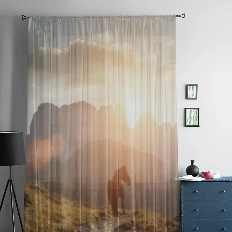 Super Six Transparentes Tüll-Voile-Organza Vorhang mit Berglandschaft und Pferdemotiv in Weiß, Breite: 135 cm, Höhe: 114 cm - Bild 4