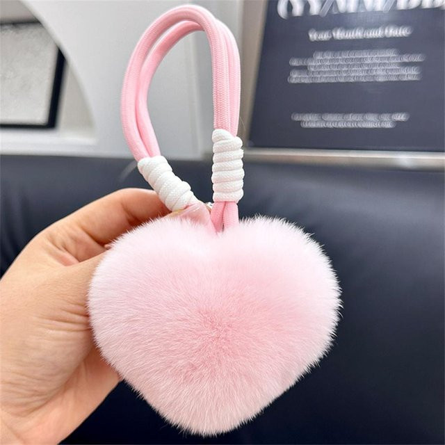 Linyi toy Schlüsselanhänger Herz, Plüsch Pompon, Kaninchenfell, 10 cm, grau - Bild 1