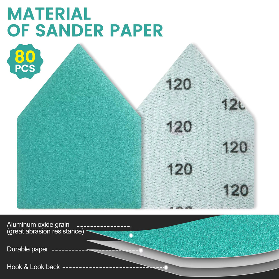 VIBRATITE Detail-Schleifpapier Set mit Schleifschnittstellen-Pads, 82 Stück, sortiertes Dreieck mit Körnung 80–240, kompatibel mit M12-Schleifgeräten, 65 x 92 mm - Bild 3