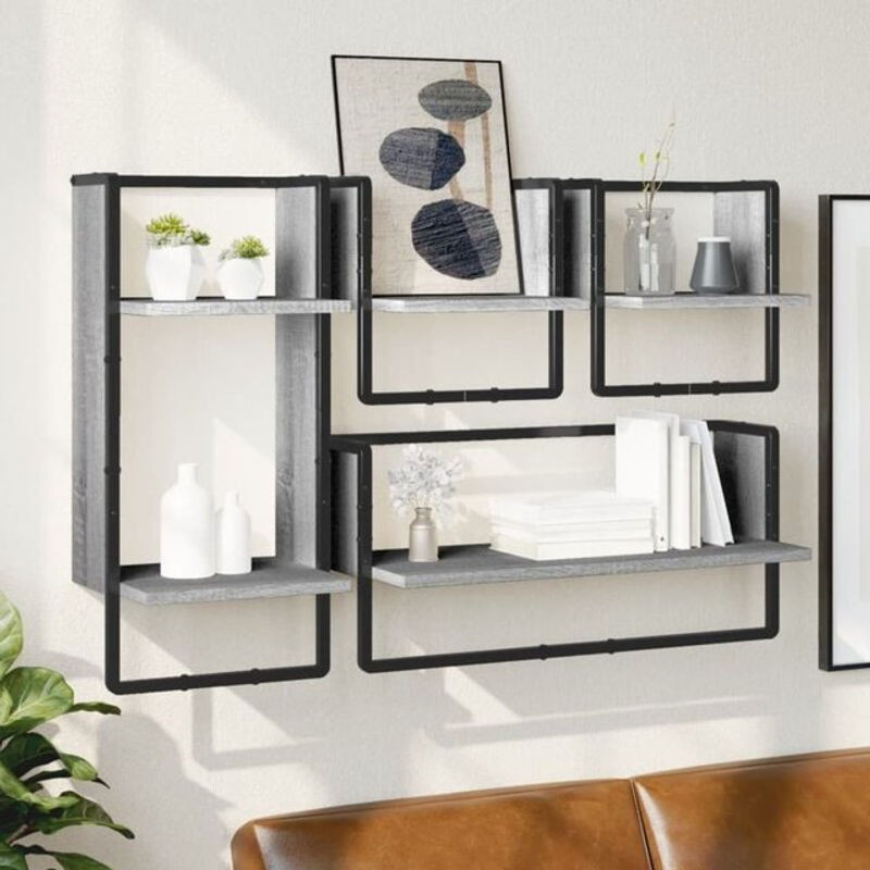 Vidaxl 4-tlg. Wandregal-Set im Industrial Design aus Holzwerkstoff und Metall, Grau - Bild 1