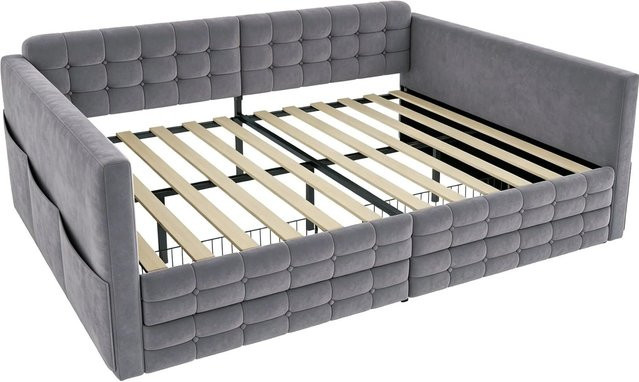 Merax Schlafsofa aus Samt mit Karomuster und Schubladen in Grau, B/T/H: 140 x 190 x 79,5 cm - Bild 1