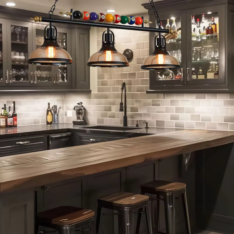 LINCCW Retro-Billard-Pendelleuchte LED mit 3 transparenten Glasschirmen in Schwarz, verstellbarer industrieller Kronleuchter für Esstisch und Bar - Bild 2