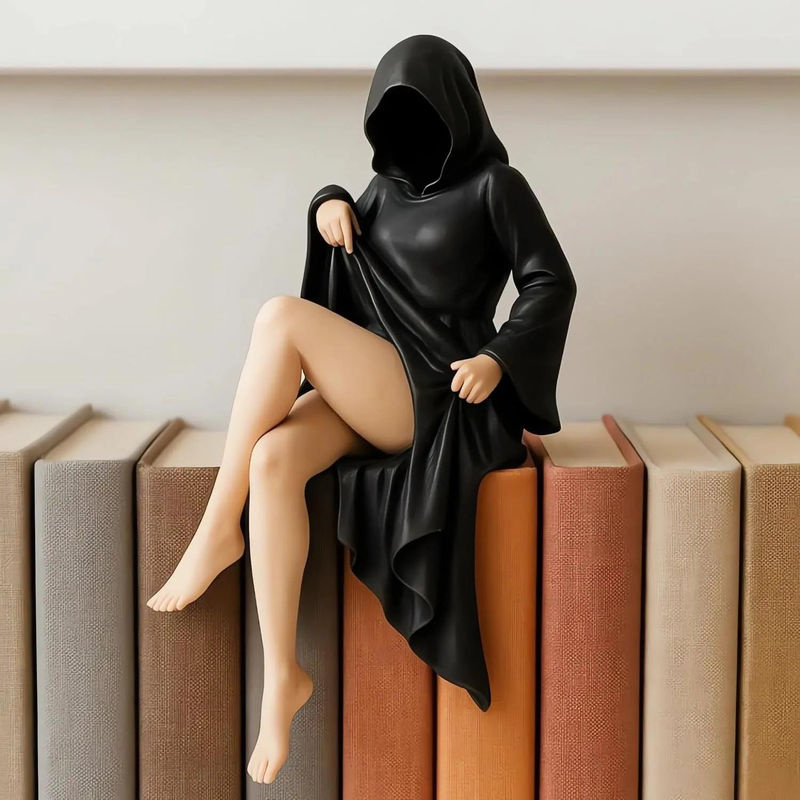 Geheimnisvolle Dame Skulptur von Fashnics in Schwarz aus Kunstharz als gotisches Schreibtischornament für Wohnzimmer und Büro - Bild 3
