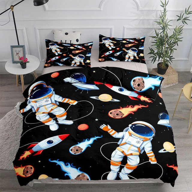 Binchi Outdoor Product Bettwäsche-Set Raketen Weltraum Anime Design für Kinder, 3-teilig, Farbe: Schwarz, B/H: 140 x 200 cm - Bild 1