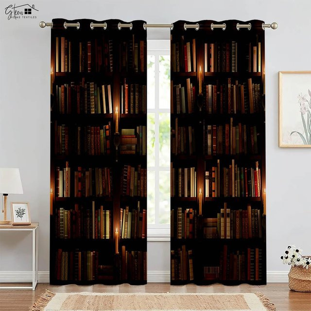 Yiran Furniture Retro Vorhänge mit 3D-Bücherregal-Print, 2-teiliges Set, halbtransparent, Polyester, Mehrfarbig, Breite: 50 cm, Höhe: 160 cm - Bild 1