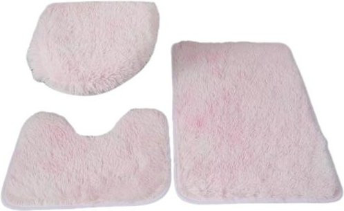 3-teiliges Badezimmerteppich-Set aus Polyester in Hellrosa, bestehend aus einer U-förmigen Bodenmatte, einer Toilettendeckelbezugmatte und einer Badematte, saugfähig und rutschfest mit Gummiunterseite - Bild 1