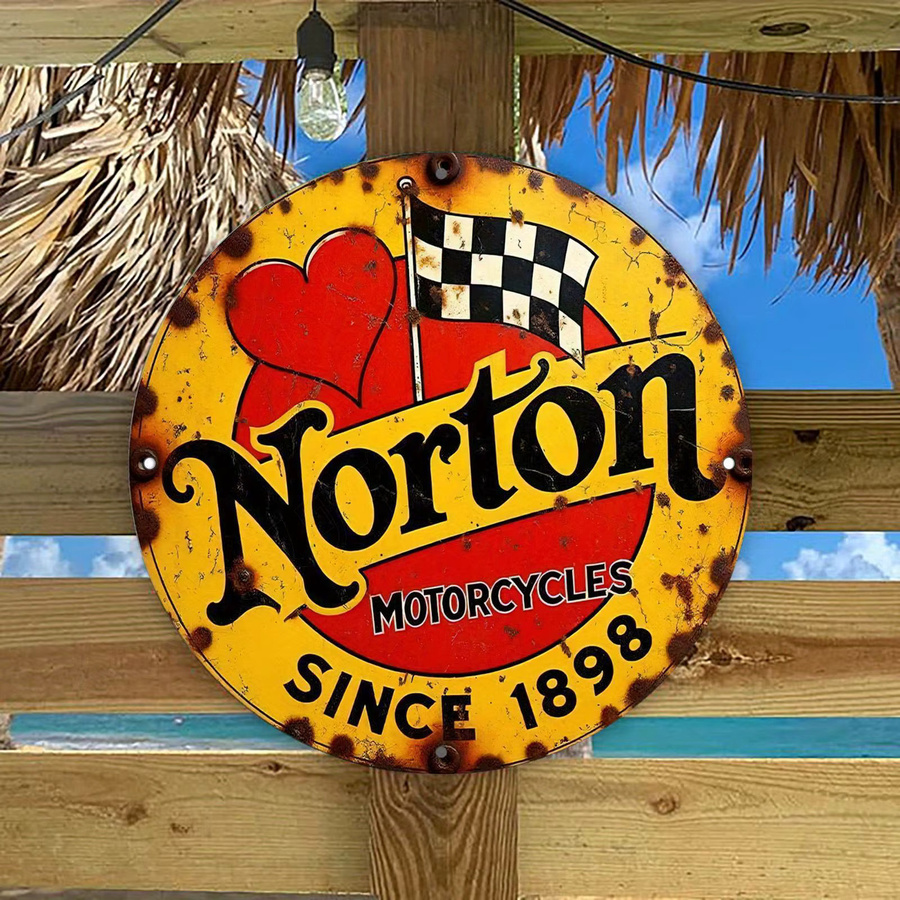 Potdemiel Vintage Norton Motorcycles Metallschild Rund mit kariertem Flaggen-Design in Multicolour, Durchmesser: 19,99 cm - Bild 4