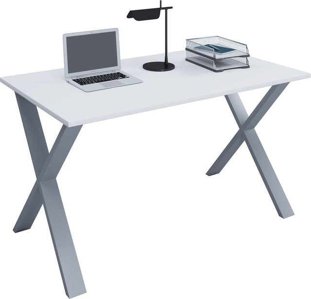VCM Schreibtisch Lona in Weiß und Silber mit X-Fußgestell aus Metall, B/T/H: 110 x 80 x 76 cm - Bild 1