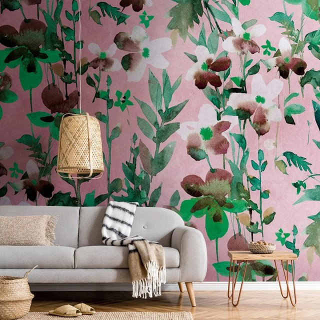 mural Fototapete Blumen Floral Matt Grün Rosa Weiß Braun B: 3,71 m, H: 2,80 m - Bild 1