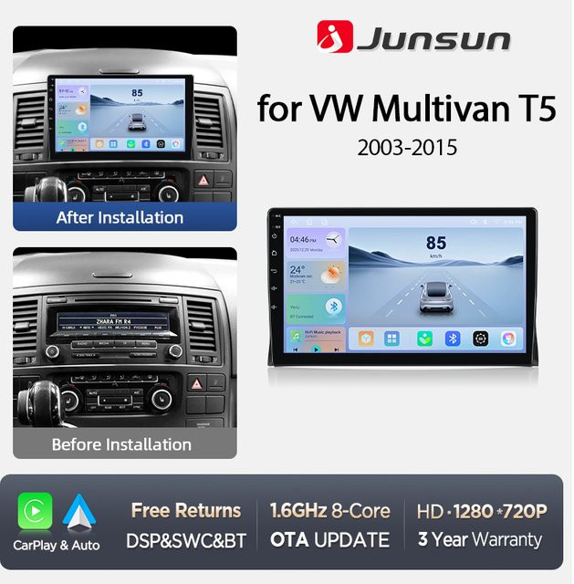 Junsun Multimedia-Player für VW Volkswagen Multivan T5 2003-2015 mit Android Auto, CarPlay, GPS, WiFi, 4G-LTE und DAB+ in Schwarz mit 9,0 Zoll Display - Bild 1