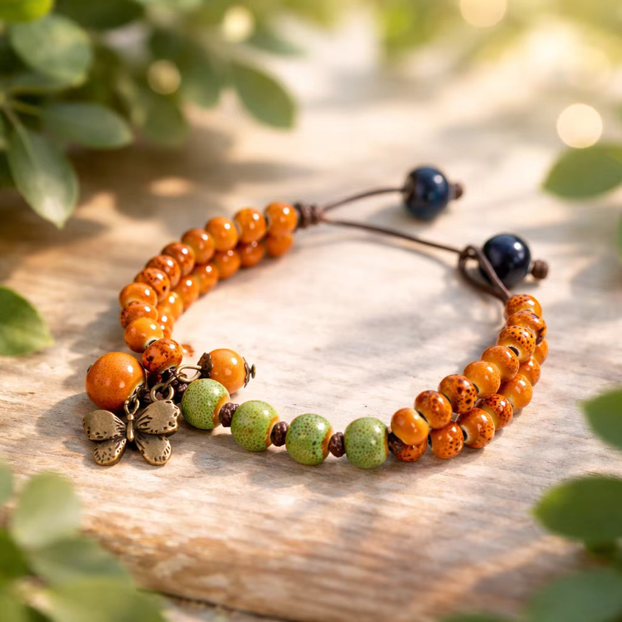 Armband mit Schmetterlings-Anhänger, Keramik, Orange-Grün, Unisex - Bild 3