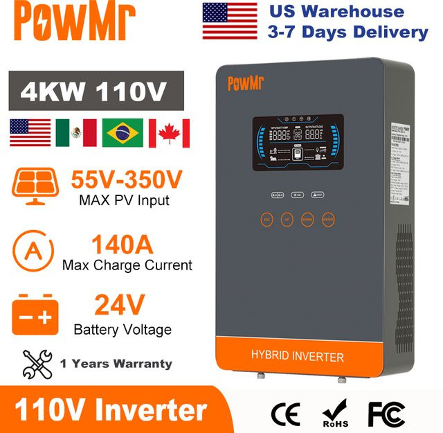 PowMr Hybrid-Solarwechselrichter 4 kW, 24 V auf 110 V, netzunabhängig ohne Batterie mit MPPT 140 A Solarbatterieladegerät, Grau - Bild 1