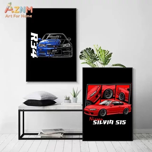 AZNM Leinwand-Wandkunst Nissan Skyline GT-R R34 Silvia S15 JDM Klassisches Japanisches Sportwagen-Poster in Mehrfarbig - Bild 1