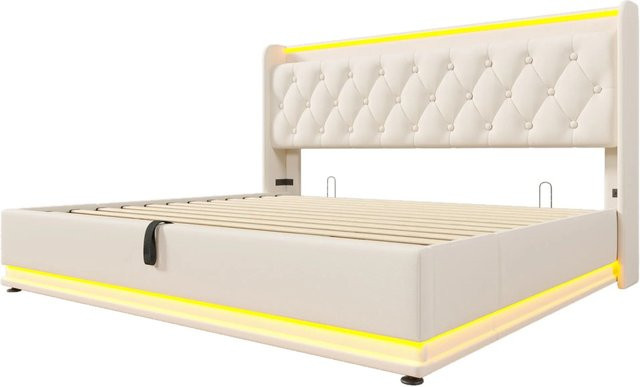 okwish Polsterbett Weiß mit LED-Unterbettbeleuchtung und USB-Ladeanschluss, B/T/H: 180 x 200 x 104 cm - Bild 1