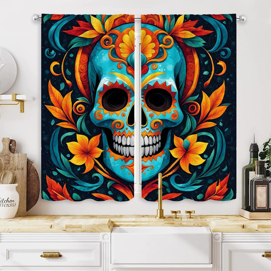 2er-Set MH Vorhang mit mexikanischem Tag der Toten Zucker Schädel Motiv, Blau/Mehrfarbig, B: 132 cm, H: 160 cm - Bild 2
