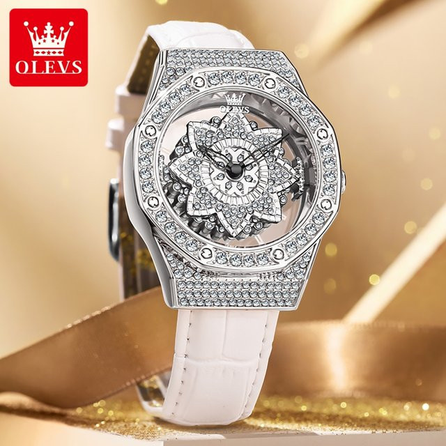 OLEVS Armbanduhr, Quarz, Diamantbesetzt, Edelstahl, Silber, Lederband, Unisex - Bild 1