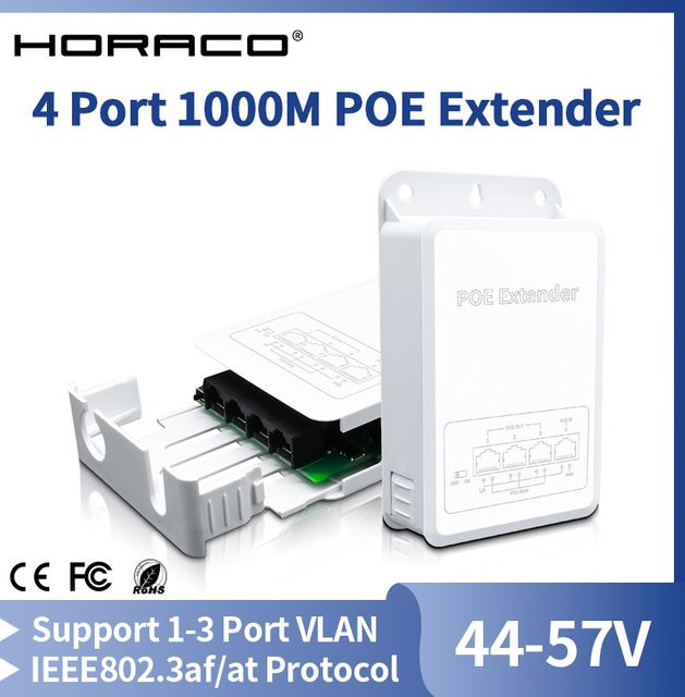 HORACO 4 Port Gigabit PoE Repeater Outdoor Regensicherer Netzwerk PoE Extender mit VLAN 44-57V 30W in Weiß - Bild 1