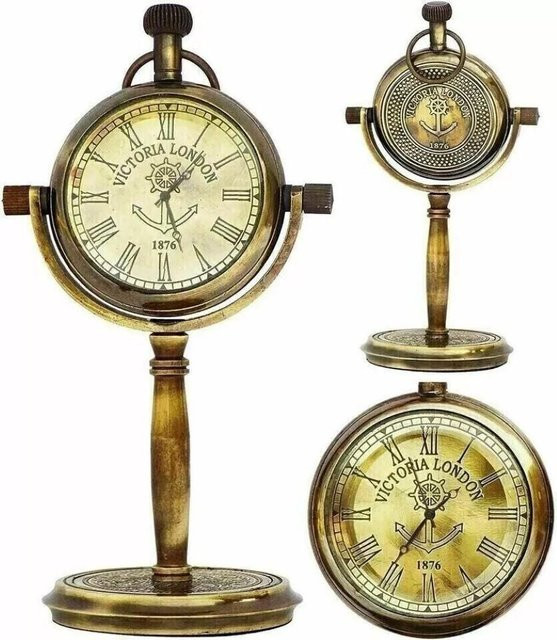 Vintage Messing Tischuhr von PRIME NAUTICAL im maritimen Design, Farbe Himmelblau und Gold, runde analoge Schreibtischuhr aus Metall - Bild 1