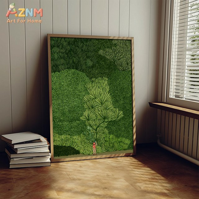 AZNM Abstrakte Leinwand-Wandkunst Waldwanderer in Grün, minimalistischer botanischer Naturdruck als moderne Landschaftsdarstellung - Bild 1