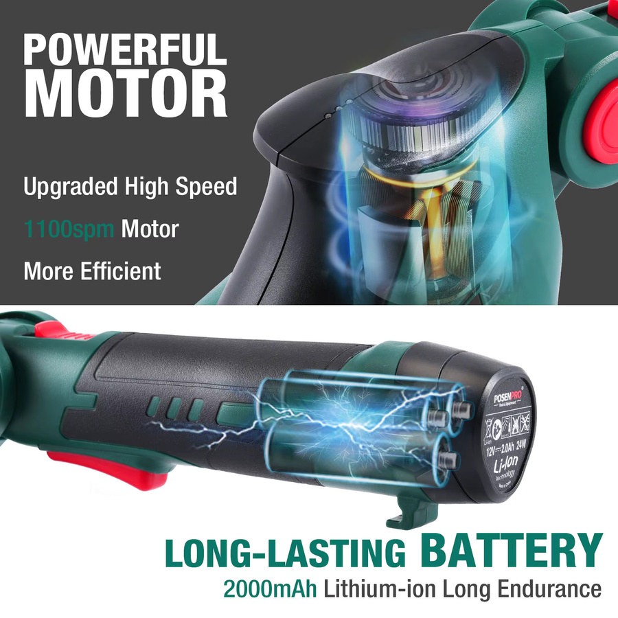 POSENPRO 12-V-Akku-Heckenschere und Grasschere in Grün mit abnehmbarem 2000-mAh-Lithium-Ionen-Akku und Ladegerät - Bild 3