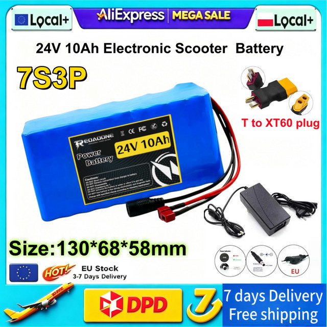 Aleaivy 18650 Lithium-Akkupack 7S3P 24V 10Ah mit integriertem BMS und Ladegerät 29,4V 2A in Blau für E-Bike und Elektroroller inklusive XT60-Adapter - Bild 1