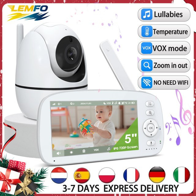 VOX Babyphone Video Set mit 2 Kameras in Weiß, HD 720P, 350 Grad Rotation, Nachtsicht, Temperatursensor und 5000 mAh Akku - Bild 1
