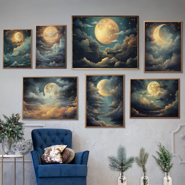 Potdemiel Wandkunst Leinwandbild Fantasy Art Vollmond und Sternenhimmel im Baiyun Comic Style für dein Wohnzimmer - Bild 1