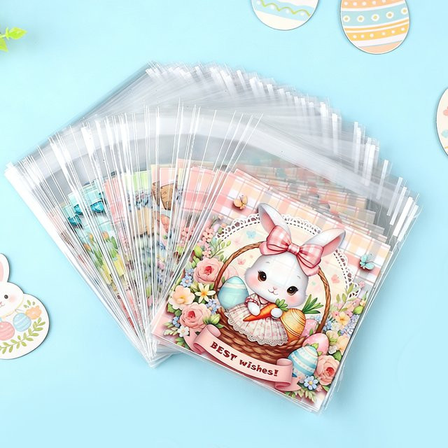 100 Stück Ostern Geschenkverpackung Taschen mit Cartoon Kaninchen und Eiern in Mehrfarbig für Kinder und Party Dekoration aus Kunststoff - Bild 1