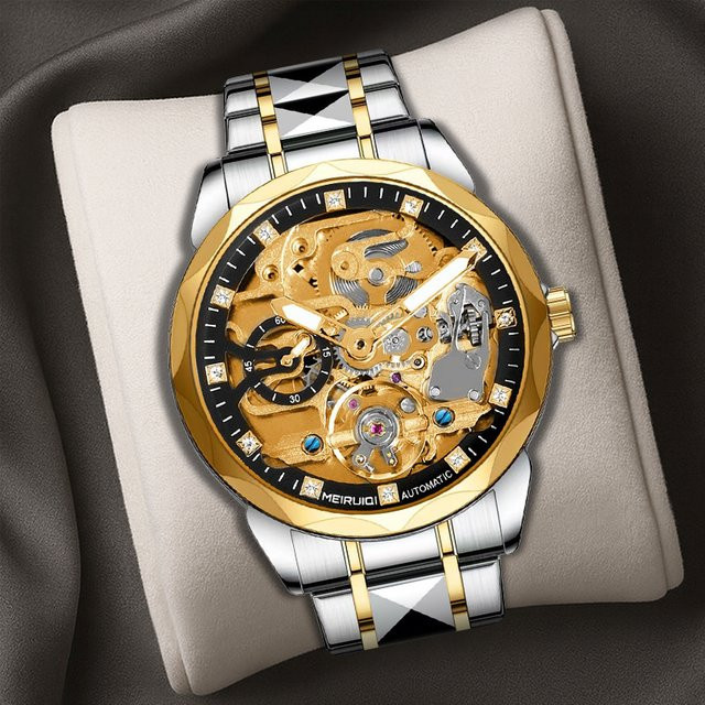 MEIRUIQI Armbanduhr, Automatik, Edelstahl, Gold, Schwarz, Herren - Bild 1