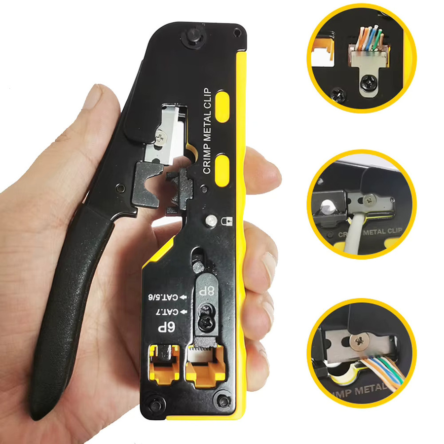 RJ45 Crimp Tool Kit Netzwerk Reparaturset für Cat5 Cat6 Cat7 inklusive Kabeltester und KD-1 Drahtschneider in Gelb - Bild 2