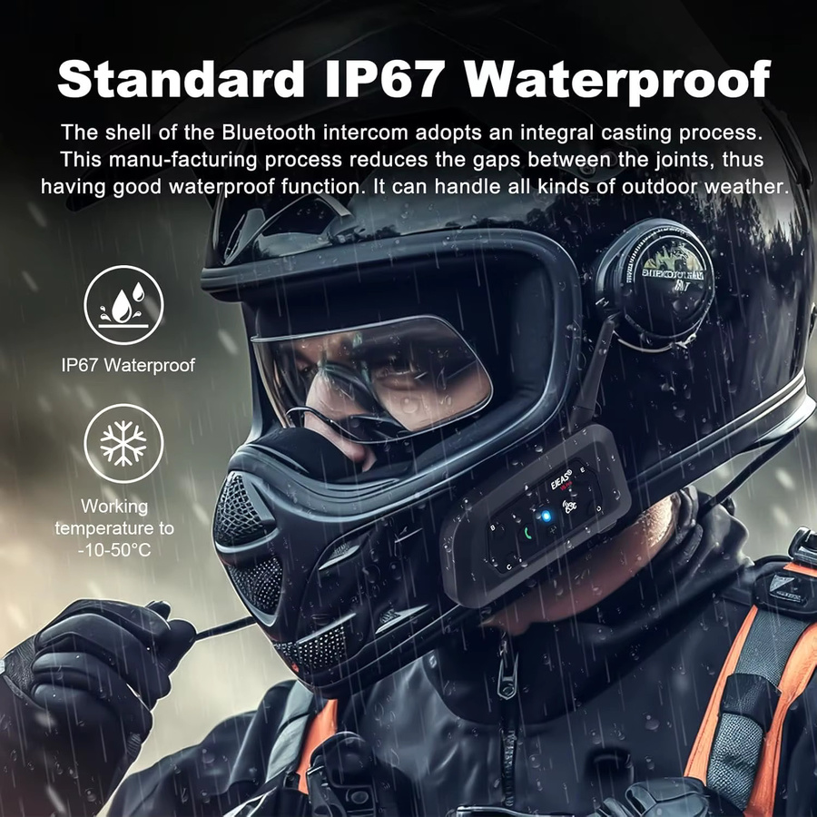 EJEAS V6 PRO+ Bluetooth-Headset für Motorradhelme, wasserdichte Gegensprechanlage mit 800 m Reichweite, Vollduplex-Kommunikator für 6 Fahrer, Schwarz - Bild 3