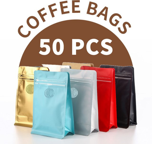 50 Stück Kaffeebeutel mit flachem Boden, Ventil und Reißverschluss in Rot mit Aluminiumfolien-Futter zur Aufbewahrung von Kaffeebohnen und Lebensmitteln - Bild 1